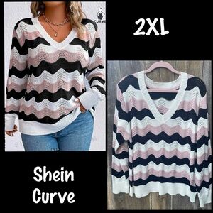 Shein Curve Chevron Pattern Open Knit V Neck Sweater Sz. 2XL
